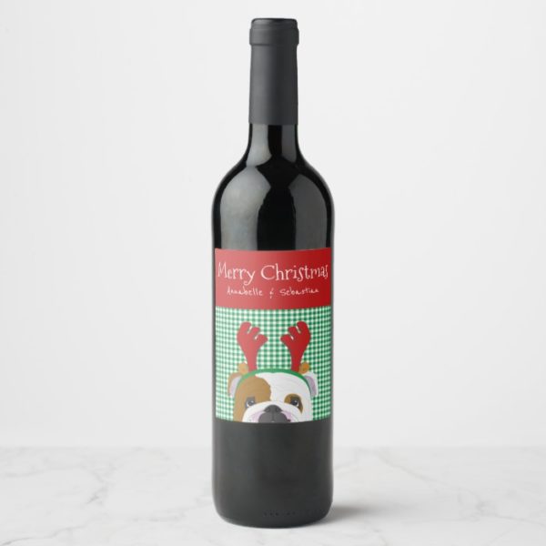 English Bulldog Rudolph Reindeer Wine Label