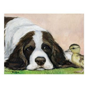English Springer Spaniel and Duckling Art Postcard