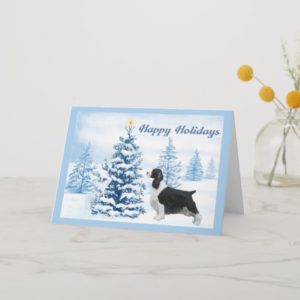 English Springer Spaniel Christmas Card Blue Tree