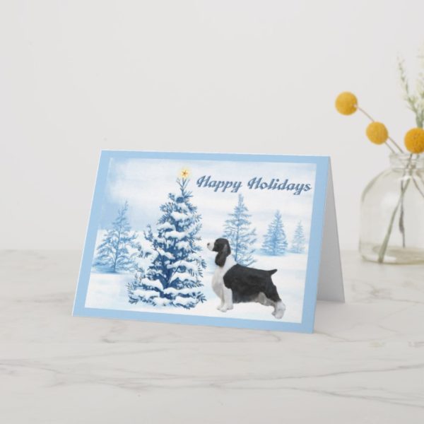 English Springer Spaniel Christmas Card Blue Tree