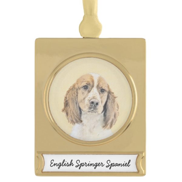 English Springer Spaniel Painting Original Dog Art Gold Plated Banner Ornament
