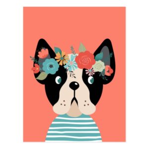 Floral Boston Terrier Illustration Postcard