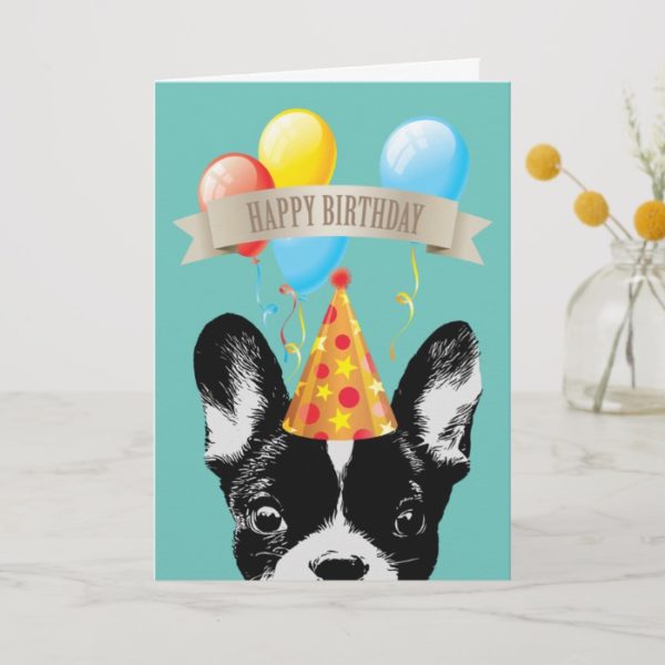 French Bulldog & Balloons Happy Birthday Card