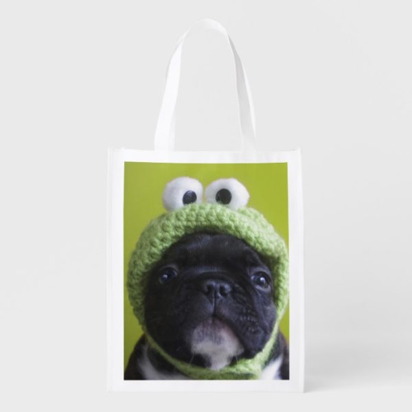 French Bulldog Puppies With Frog Hats Reusable Grocery Bag