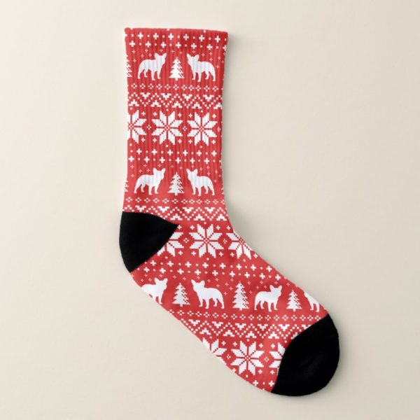 French Bulldog Silhouettes Red Holiday Pattern Socks