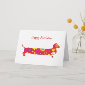 Funky retro floral cartoon dachshund dog birthday card