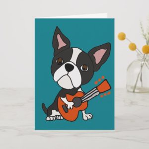 Funny Boston Terrier Dog Playing Guitar Art Card