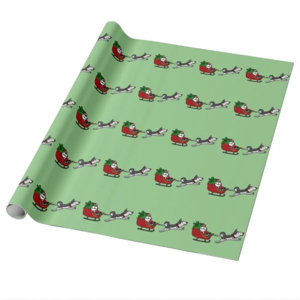 Funny Christmas Sleigh with Husky Dog Pulling Wrapping Paper