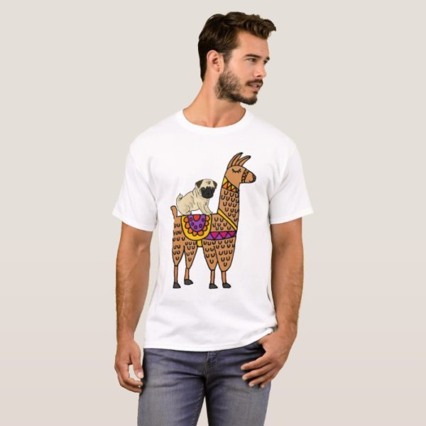Funny Pug Dog Riding Llama Cartoon T-Shirt