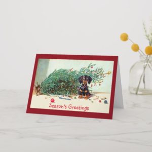 Funny Vintage Christmas Tree with a Dachshund Holiday Card