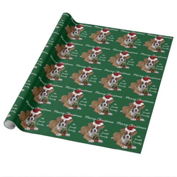 Green Christmas Boxer puppy wrapping paper