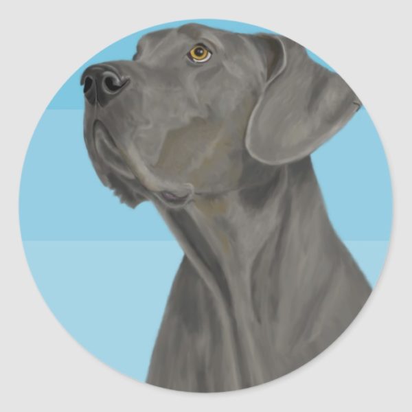 Grey Beautiful Great Dane on Blue Classic Round Sticker
