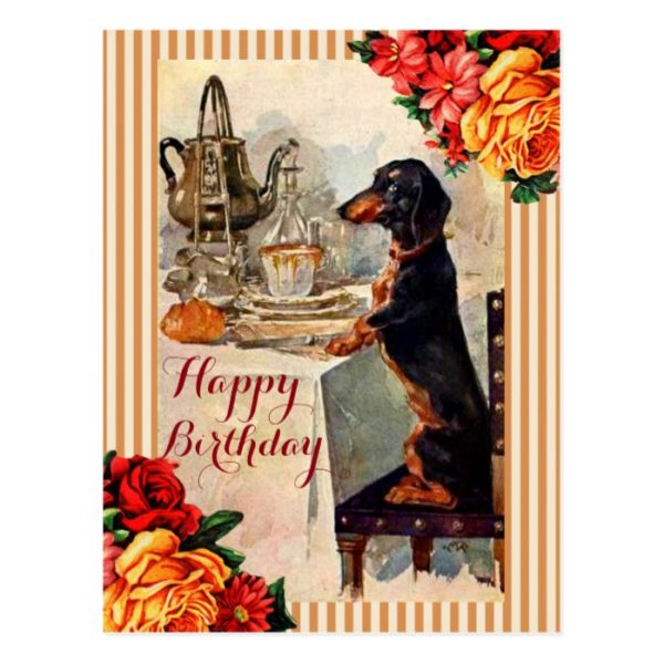 Happy Birthday Vintage dachshund tea party Postcard