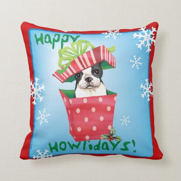 Happy Howliday Boston Terrier Throw Pillow