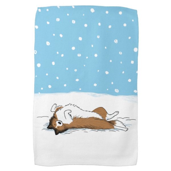 Happy Winter Snow Sheltie - Cute Shetland Sheepdog Kitchen Towel