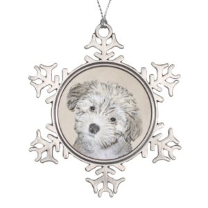 Havanese Puppy Painting - Cute Original Dog Art Snowflake Pewter Christmas Ornament