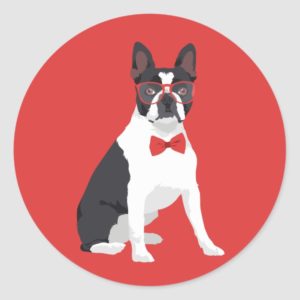 Hipster Boston Terrier with Red Glasses & Bow Tie Classic Round Sticker