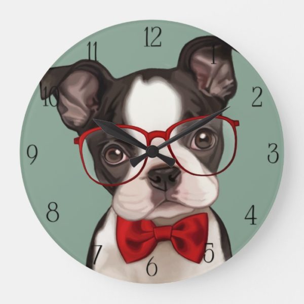 Hipster Boxer Puppy Large Clock
