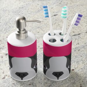 Illustration French Bulldog with pink background Soap Dispenser And Toothbrush Holder