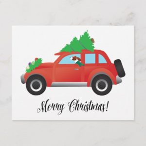 Irish Red and White Setter Driving Christmas Car Holiday Postcard