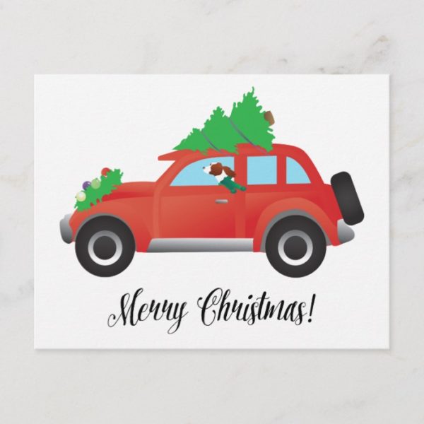 Irish Red and White Setter Driving Christmas Car Holiday Postcard