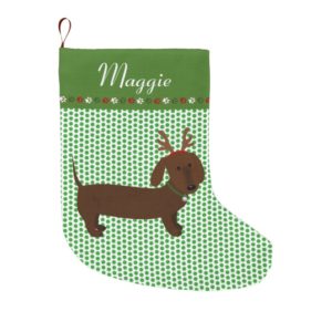 Jolly Reindeer Brown Dachshund Personalized Large Christmas Stocking