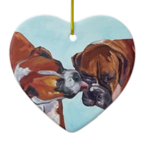 Kissing Boxer Dogs Heart Shaped Ornament