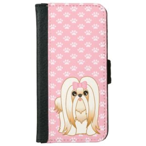 Long Hair Shih Tzu on Pink Pawprints Pattern iPhone Wallet Case