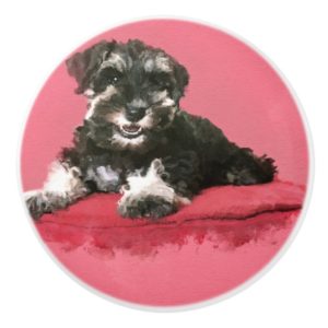 Miniature Schnauzer Puppy Watercolor Digital Art Ceramic Knob