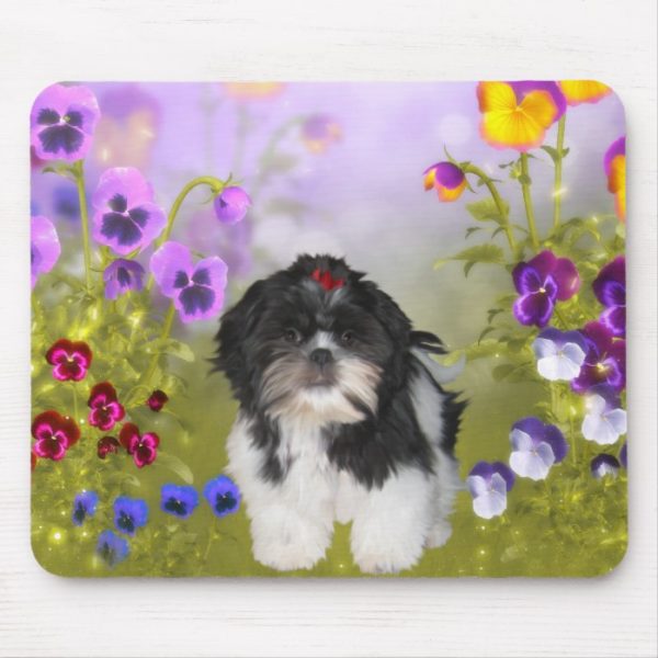 Mousepad Dog Shih Tzu On Coloured Flowers