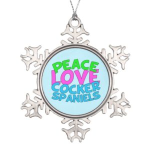 Peace Love Cocker Spaniels Snowflake Pewter Christmas Ornament