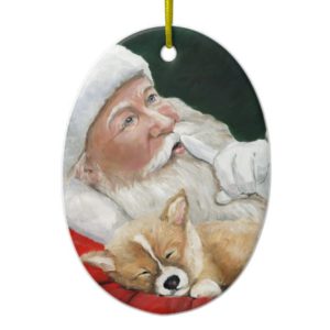 Pembroke Welsh Corgi and Santa Art Ornament