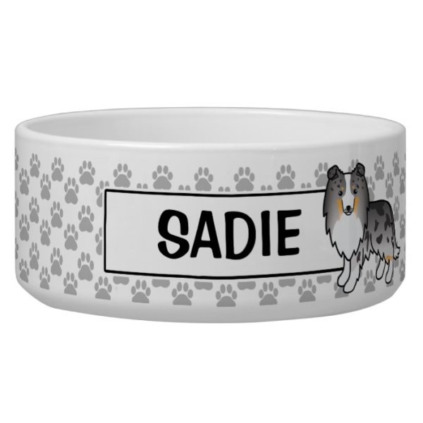 Personalizable Blue Merle Sheltie Dog And Name Bowl
