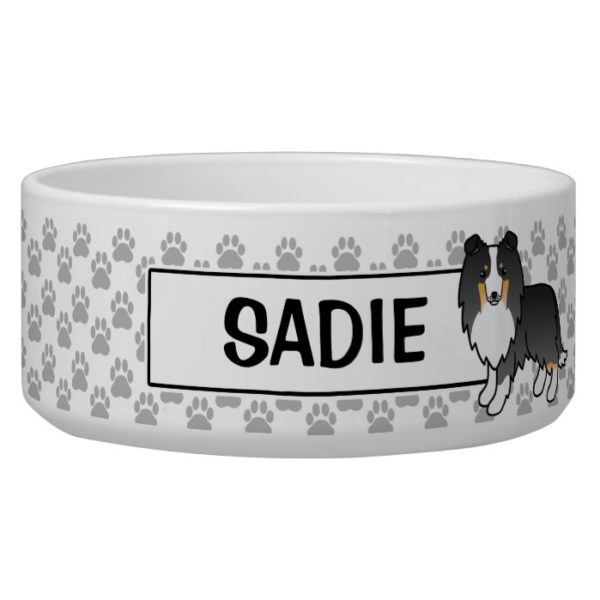Personalizable Tricolor Sheltie Dog And Name Bowl