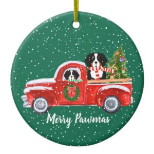 Personalized Christmas Berner Dogs Red Truck Ceramic Ornament