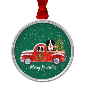 Personalized Christmas Berner Dogs Red Truck Metal Ornament