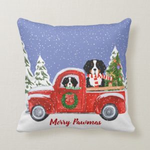 Personalized Christmas Berner Dogs Red Truck Throw Pillow