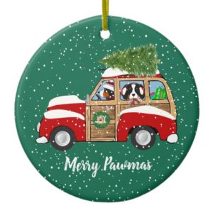 Personalized Christmas Berner Dogs Woody Wagon Ceramic Ornament