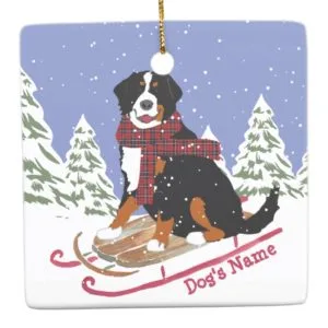 Personalized Christmas Bernese Mt Dog Sledding Ceramic Ornament
