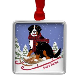 Personalized Christmas Bernese Mt Dog Sledding Metal Ornament