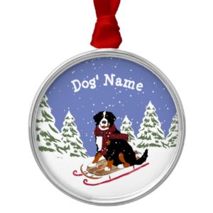 Personalized Christmas Bernese Mt Dog Sledding Metal Ornament