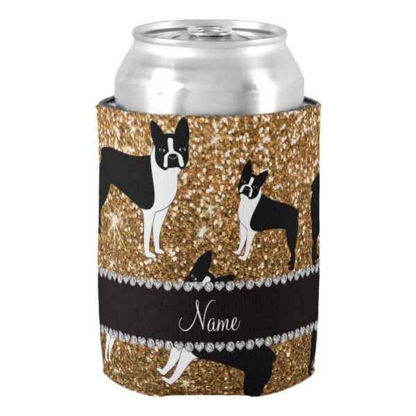 Personalized name gold glitter boston terrier can cooler
