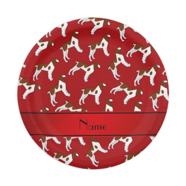 Personalized name red brittany spaniel dogs paper plate
