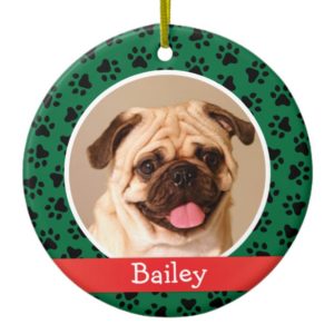 Personalized Puppy Dog Photo | Green Paw Prints Ceramic Ornament