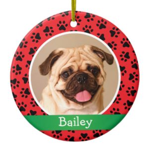 Personalized Puppy Dog Photo | Red Paw Prints Ceramic Ornament