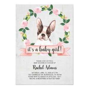 Pink Floral French Bull Dog Baby Shower Invitation