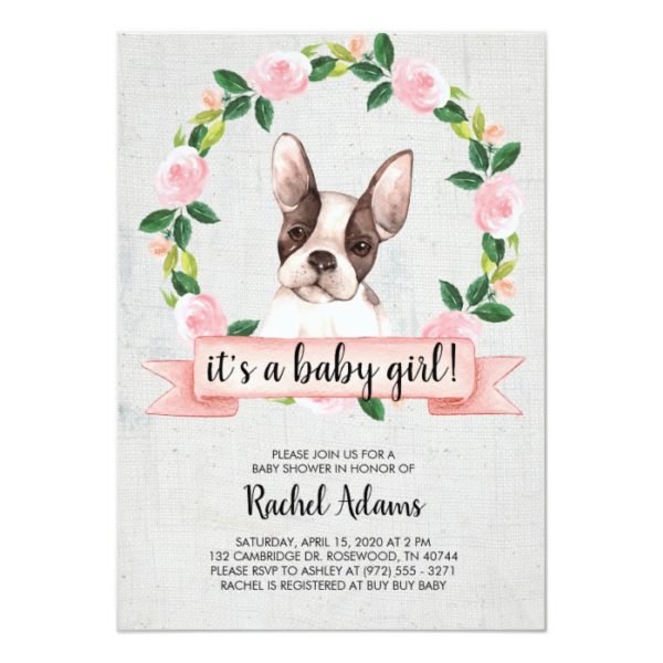 Pink Floral French Bull Dog Baby Shower Invitation