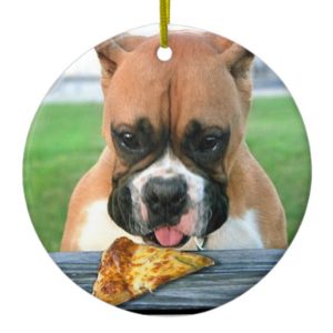 Pizza eating boxer dog ornament