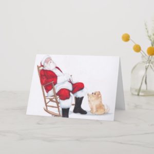 Pomeranian and Santa Claus Dog Art Christmas Card