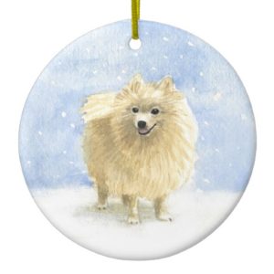 Pomeranian Eskie in the Snow Ceramic Ornament